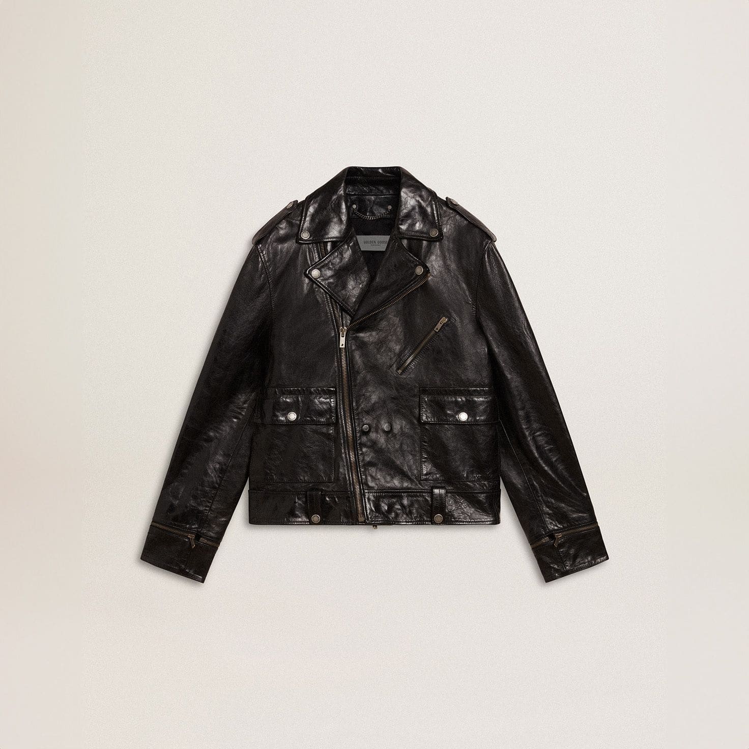 Men’s-black-leather-biker-jacket-with-glossy-effect