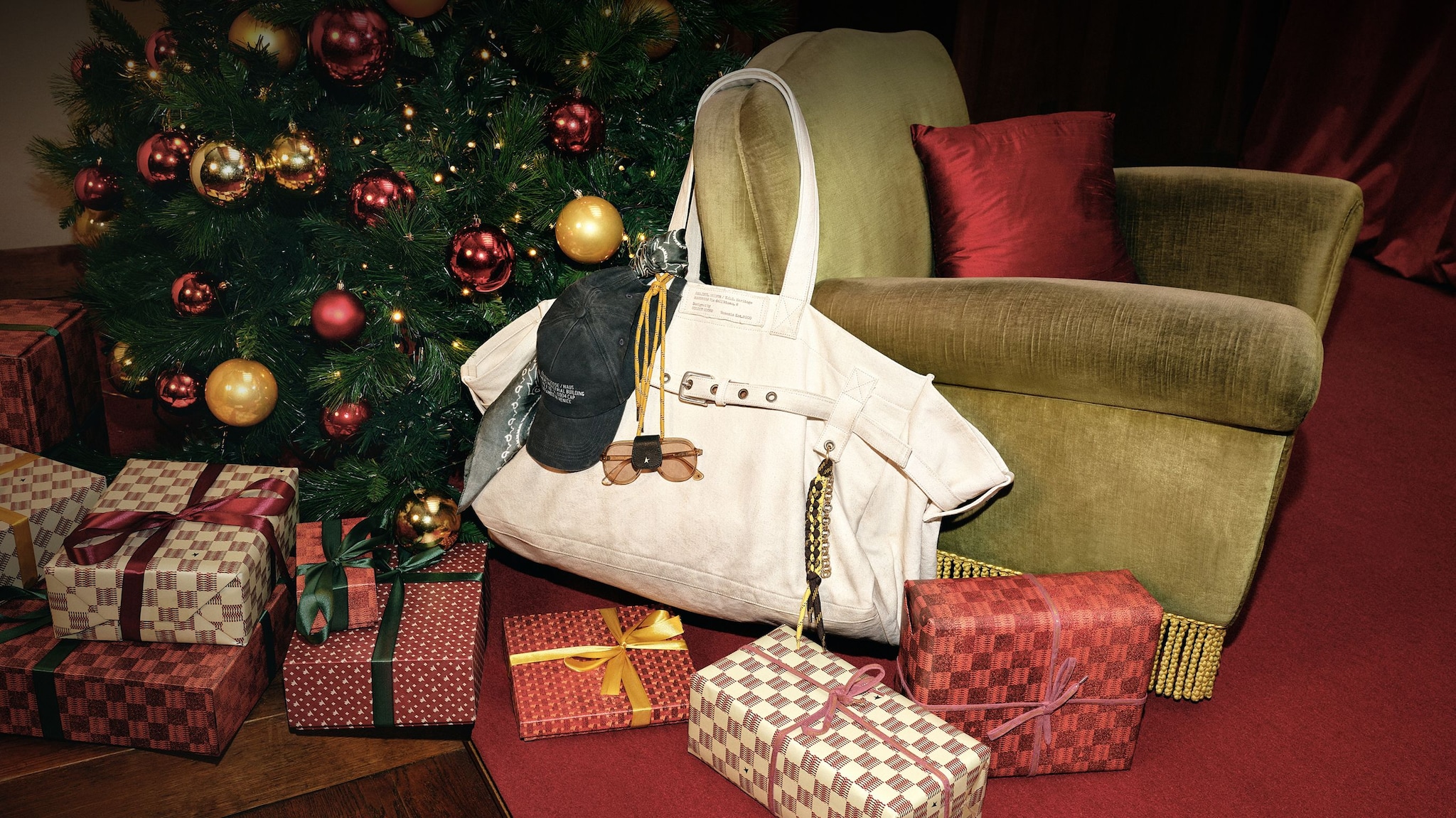 accessories-on-a-sofa-chair-with-christmas-tree-on-the-background
