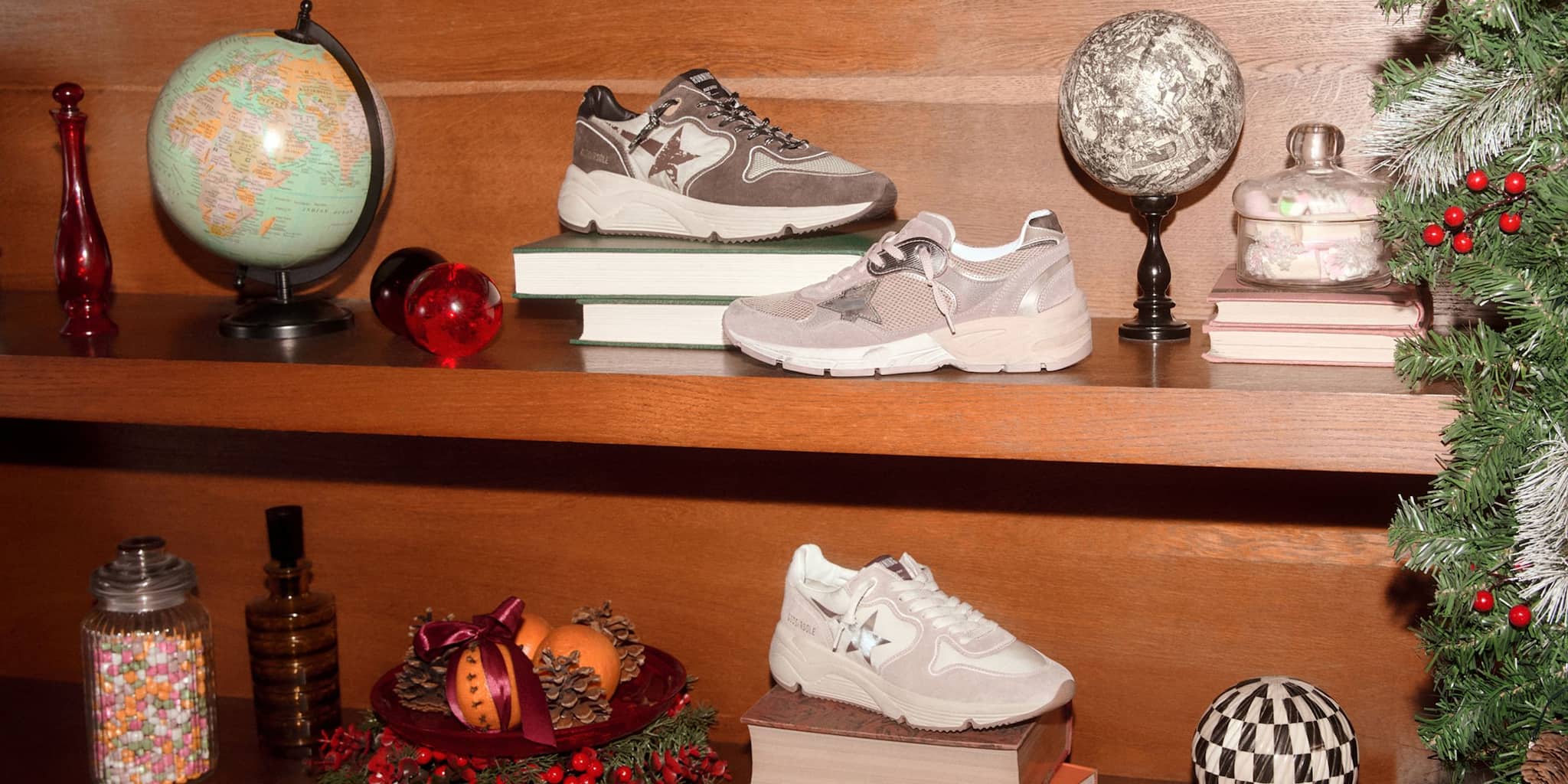running-sneakers-on-a-shelf-with-a-christmas-mood