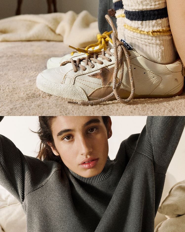 ハイハイ様★golden  running ゴールデングース カーキ Men's Super-Star with green suede star and yellow croc-print