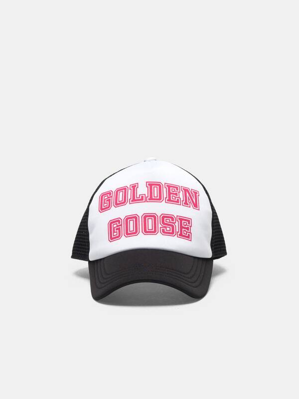 Golden baseball cap with fuchsia logo