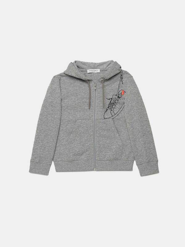 Golden sweatshirt with hood and sneakers print