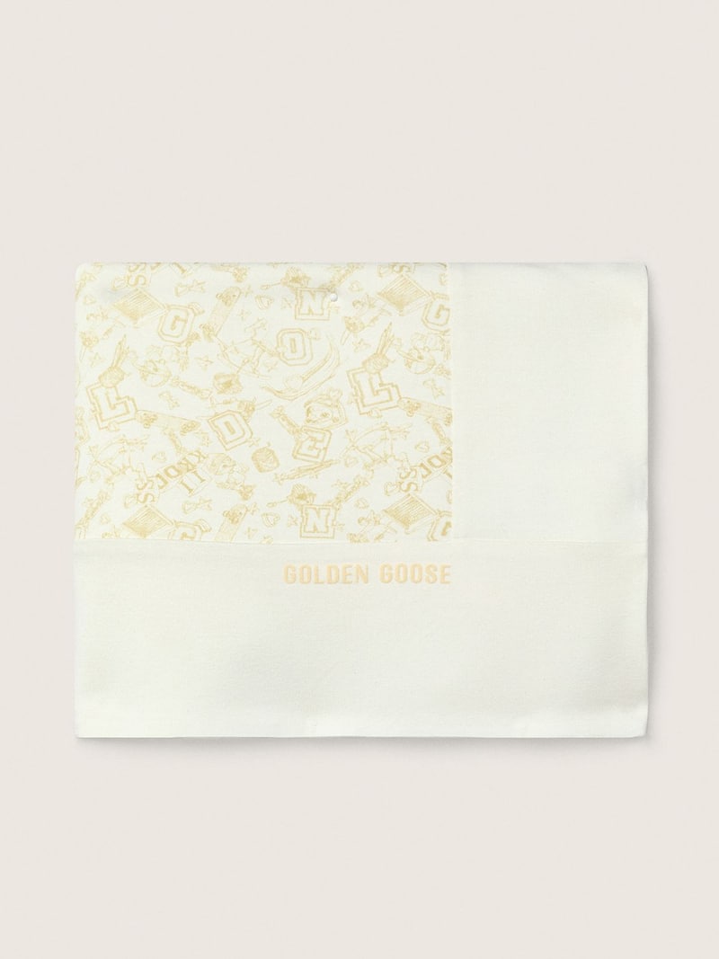 Golden Goose - Decke Journey Baby aus wei&szlig;em Baumwollfleece mit Maskottchen-Druck in Pfirsichrosa in 