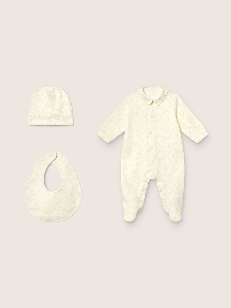 Baby gift set in cotone bianco con stampa mascotte color rosa pesca