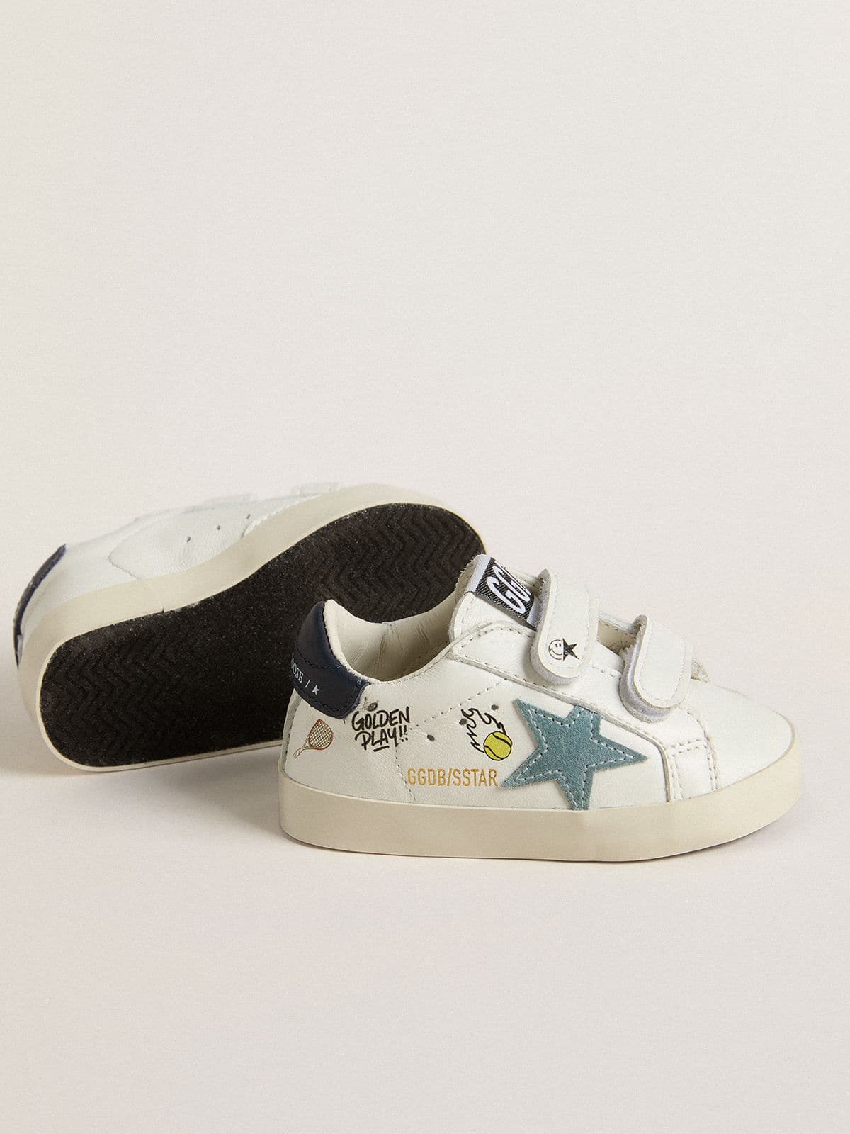 Golden Goose - Baby School in white nappa with light blue suede star and tennis motif in 