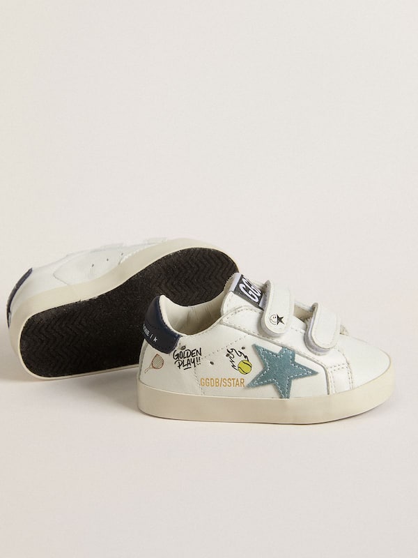 Golden Goose - Baby School in white nappa with light blue suede star and tennis motif in 