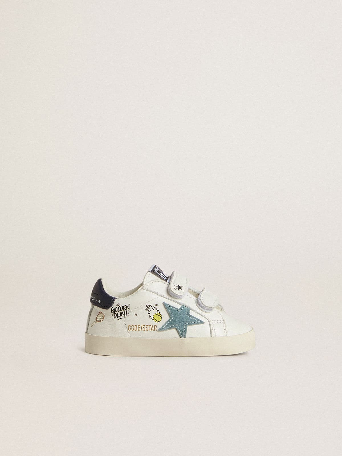 Golden Goose - Baby School in white nappa with light blue suede star and tennis motif in 