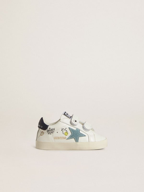 Golden Goose - Baby School in white nappa with light blue suede star and tennis motif in 