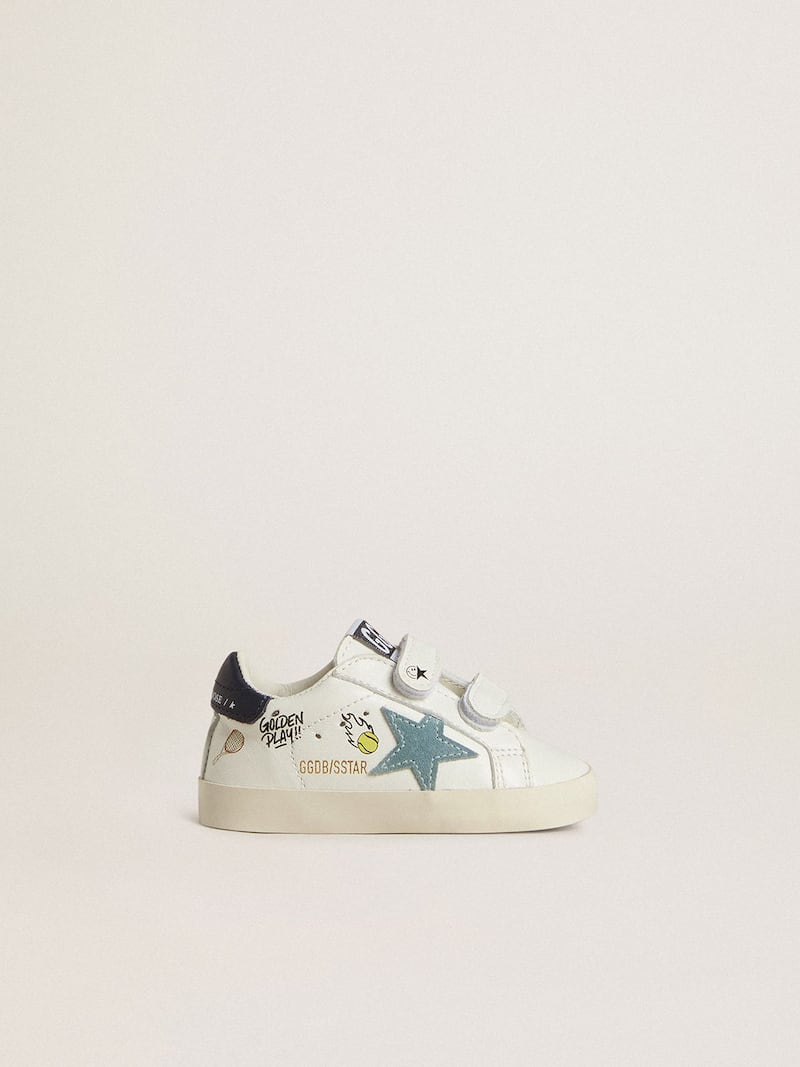 Baby School in white nappa with light blue suede star and tennis motif