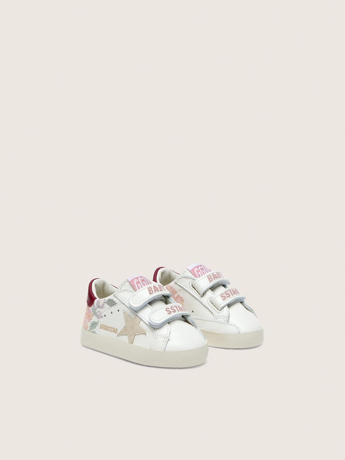 Golden Goose - Baby Old School de couro branco com estrela de suede p&eacute;rola e estampa floral in 