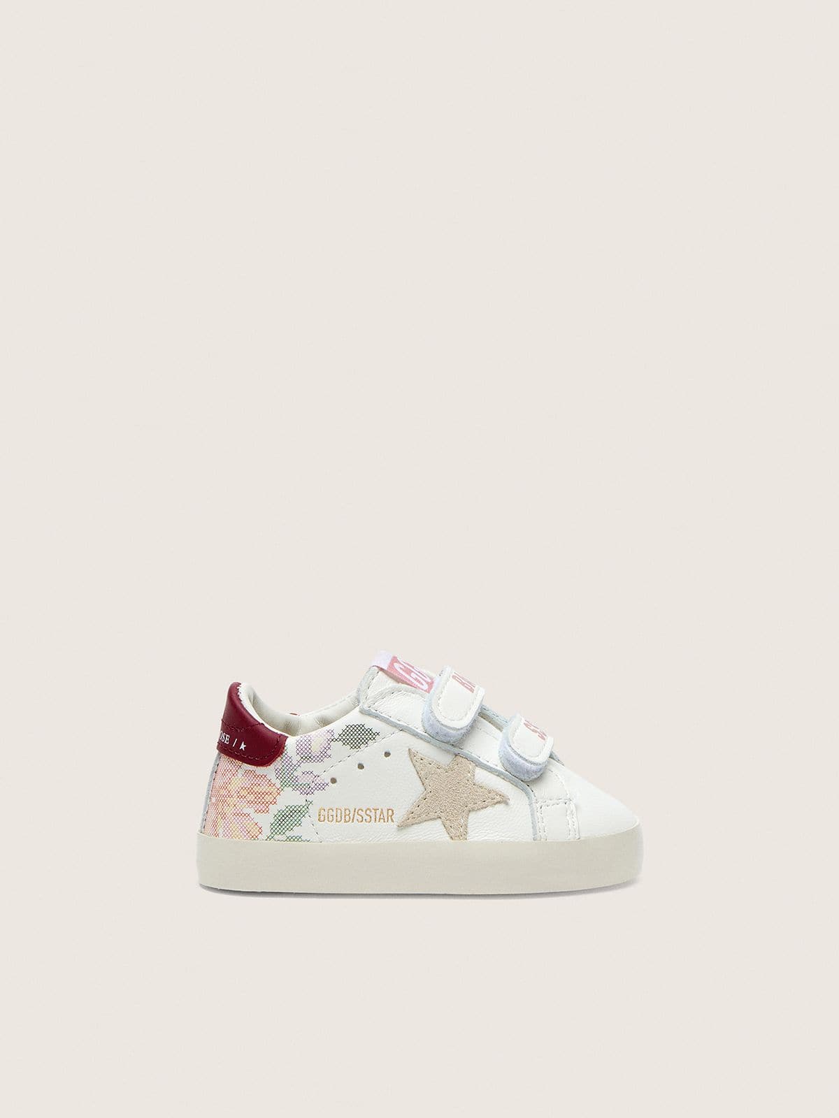 Golden Goose - Baby Old School de couro branco com estrela de suede p&eacute;rola e estampa floral in 