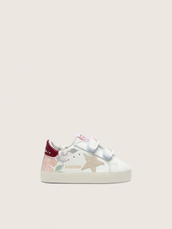 Golden Goose - Baby Old School aus wei&szlig;em Leder mit perlfarbenem Raulederstern und Blumenprint in 