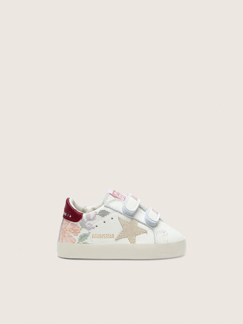 Baby Old School in white leather with pearl suede star and flower print