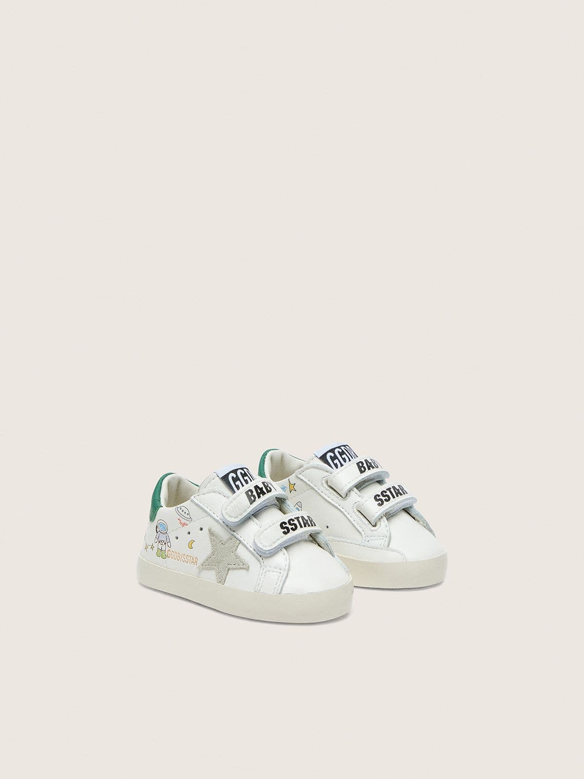 Golden Goose - Baby Old School de couro branco com estrela de suede cinza e estampa colorida in 