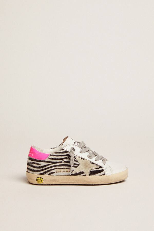 Golden Goose - Junior Super-Star in leather and zebra-print pony skin with fuchsia heel tab in 
