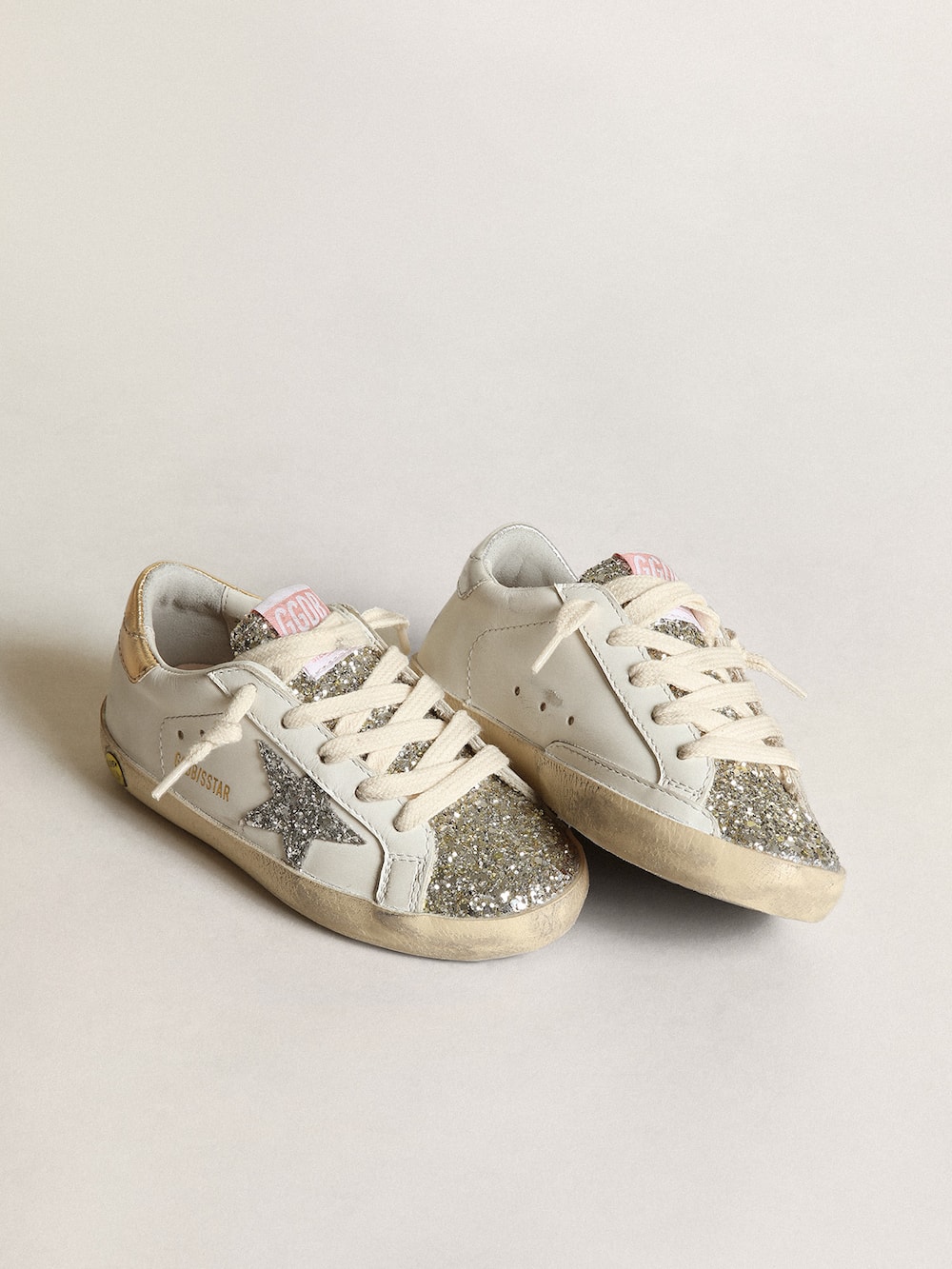 Golden Goose - Junior Super-Star with silver glitter star and platinum tongue in 