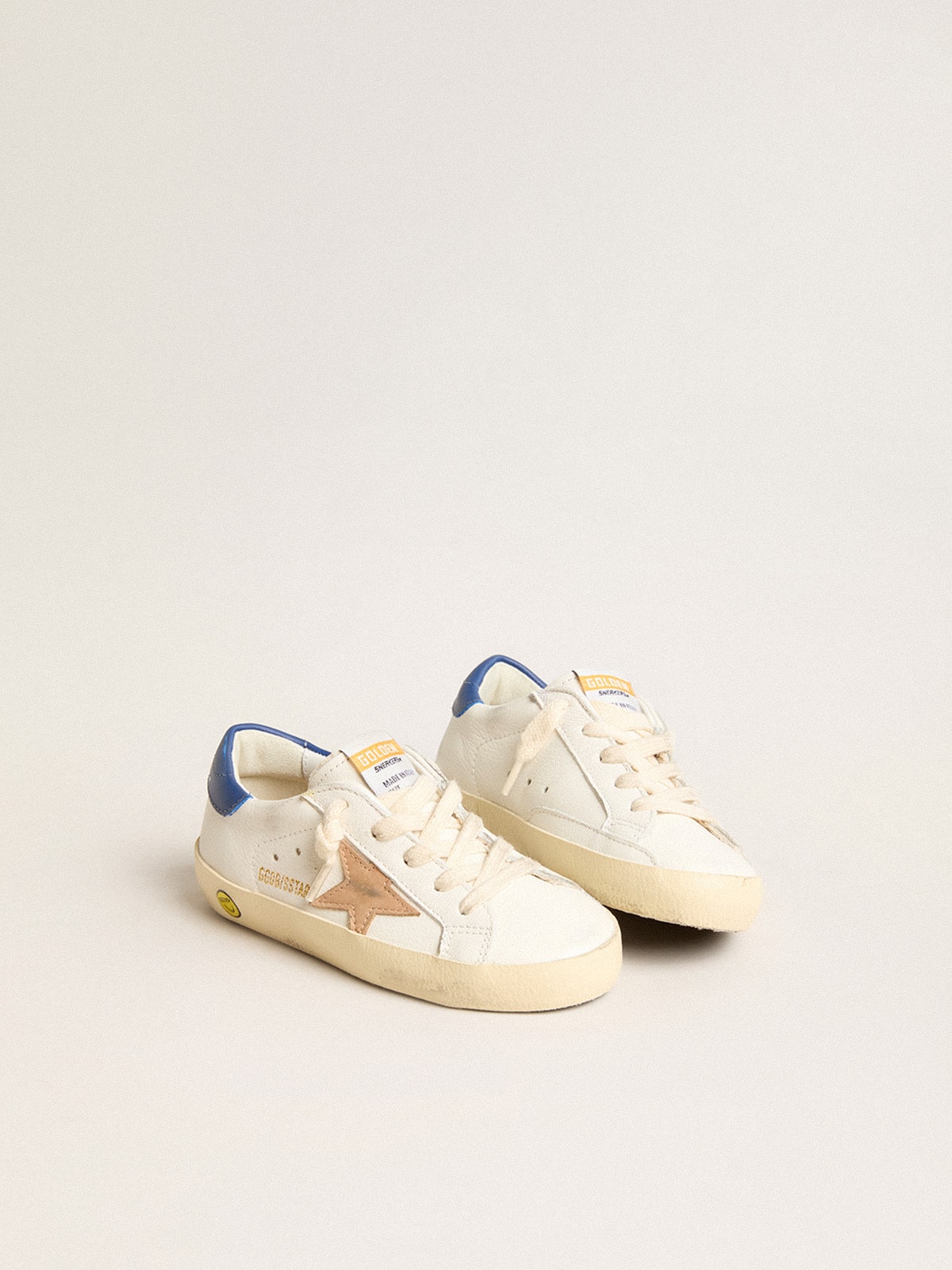 Super Star Junior in nappa con stella beige e talloncino blu Golden Goose