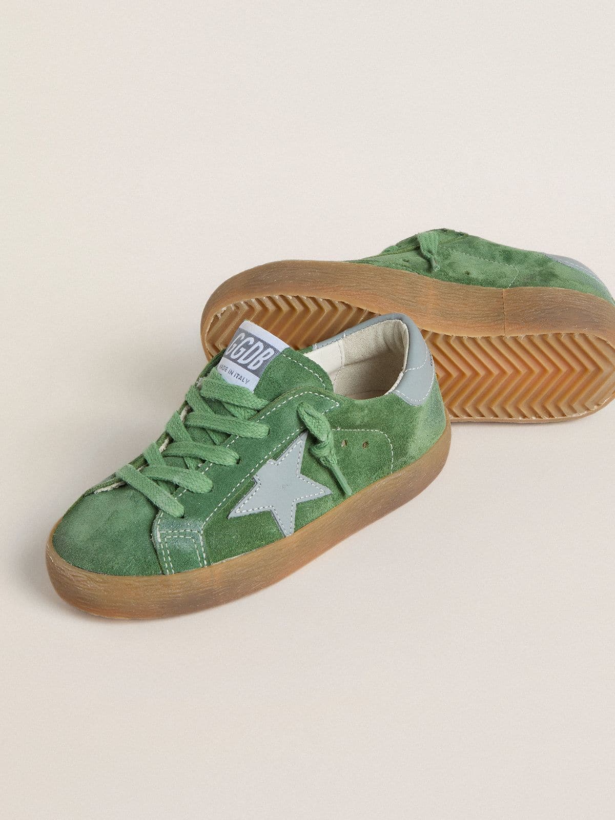 Golden Goose - Junior Super-Star in green suede with baby blue star and heel tab in 