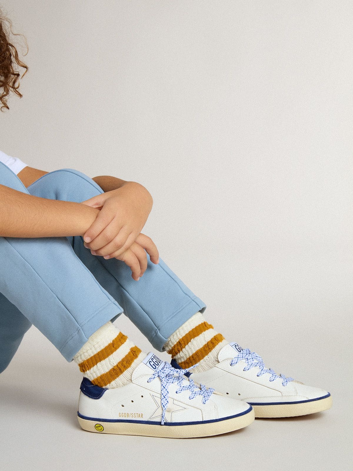 Golden Goose - Junior Super-Star in white leather with blue suede heel tab in 