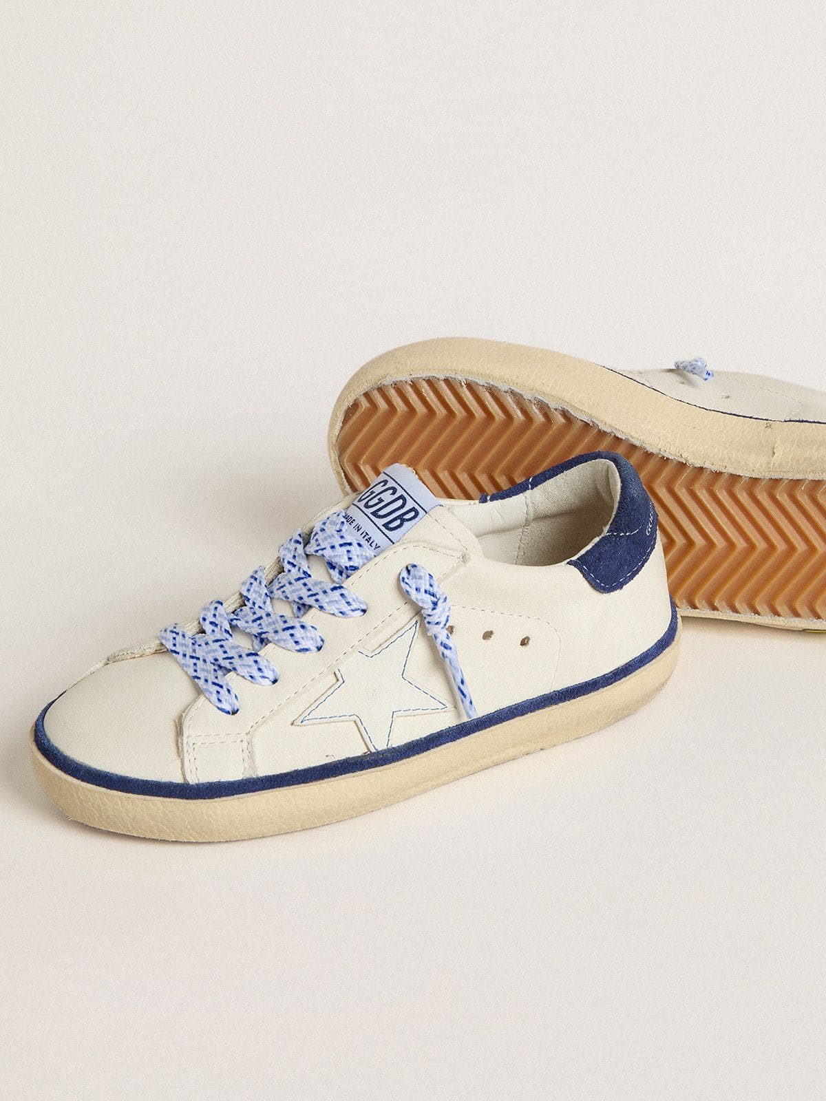 Golden Goose - Junior Super-Star in white leather with blue suede heel tab in 