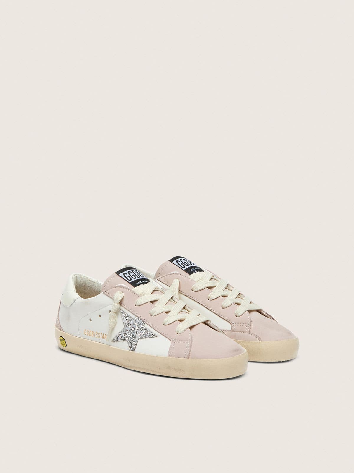 Golden Goose - Super-Star junior de couro branco e rosa p&aacute;lido com estrela de glitter prateado in 