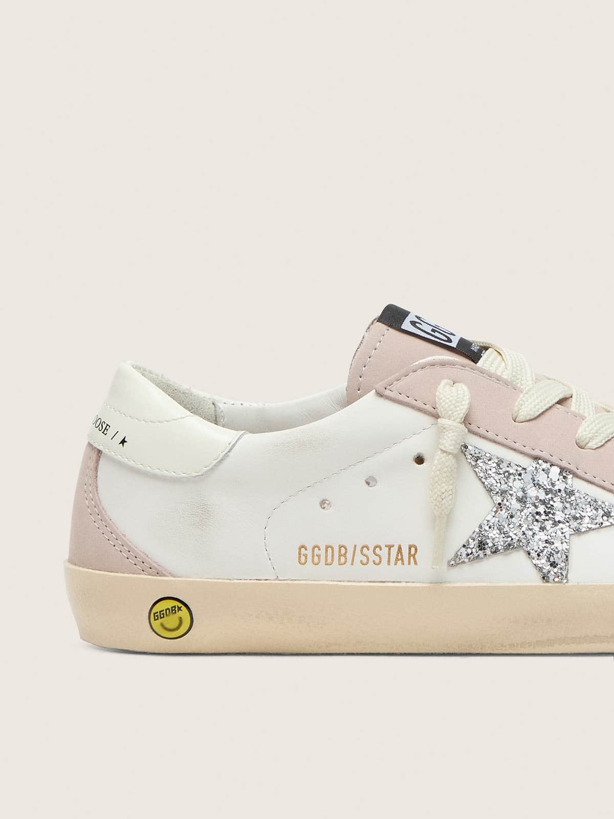 Golden Goose - Super-Star junior de couro branco e rosa p&aacute;lido com estrela de glitter prateado in 
