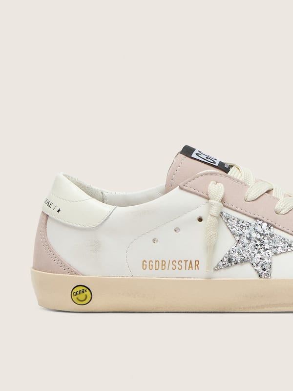 Golden Goose - Junior Super-Star in white and powder-pink leather with silver glitter star in 