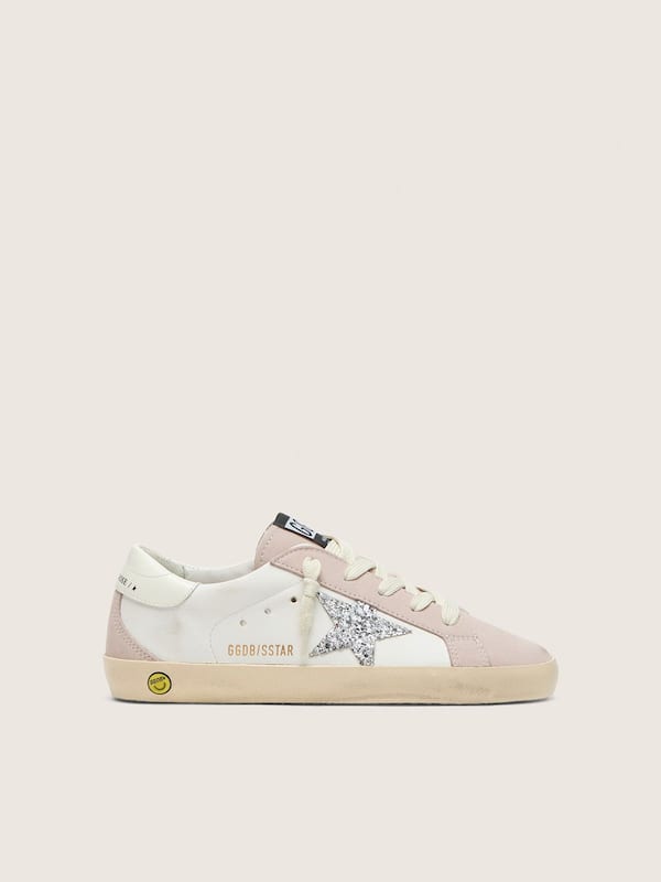 Golden Goose - Junior Super-Star in white and powder-pink leather with silver glitter star in 