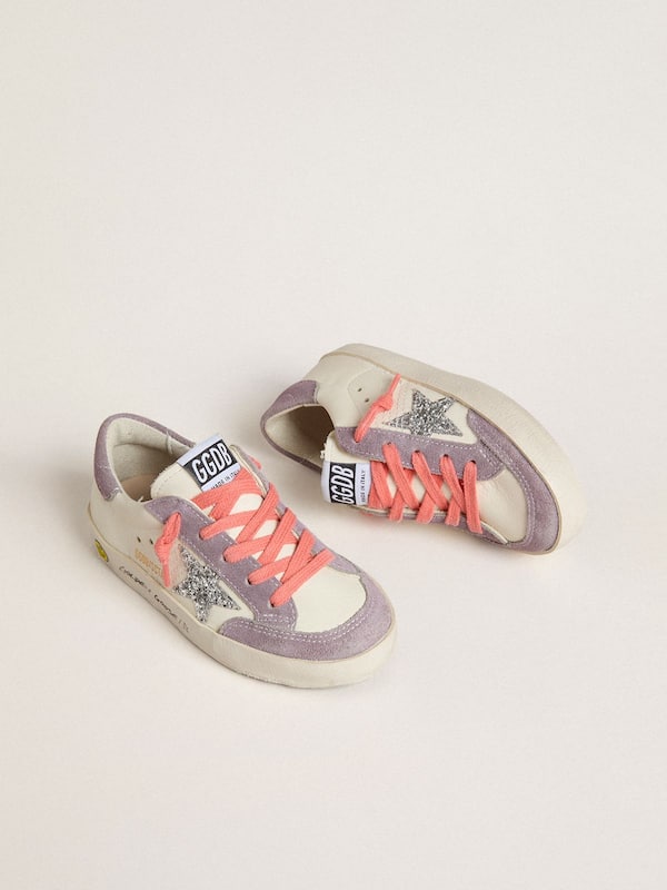 Golden Goose - Junior Super-Star with silver glitter star and lilac suede inserts in 