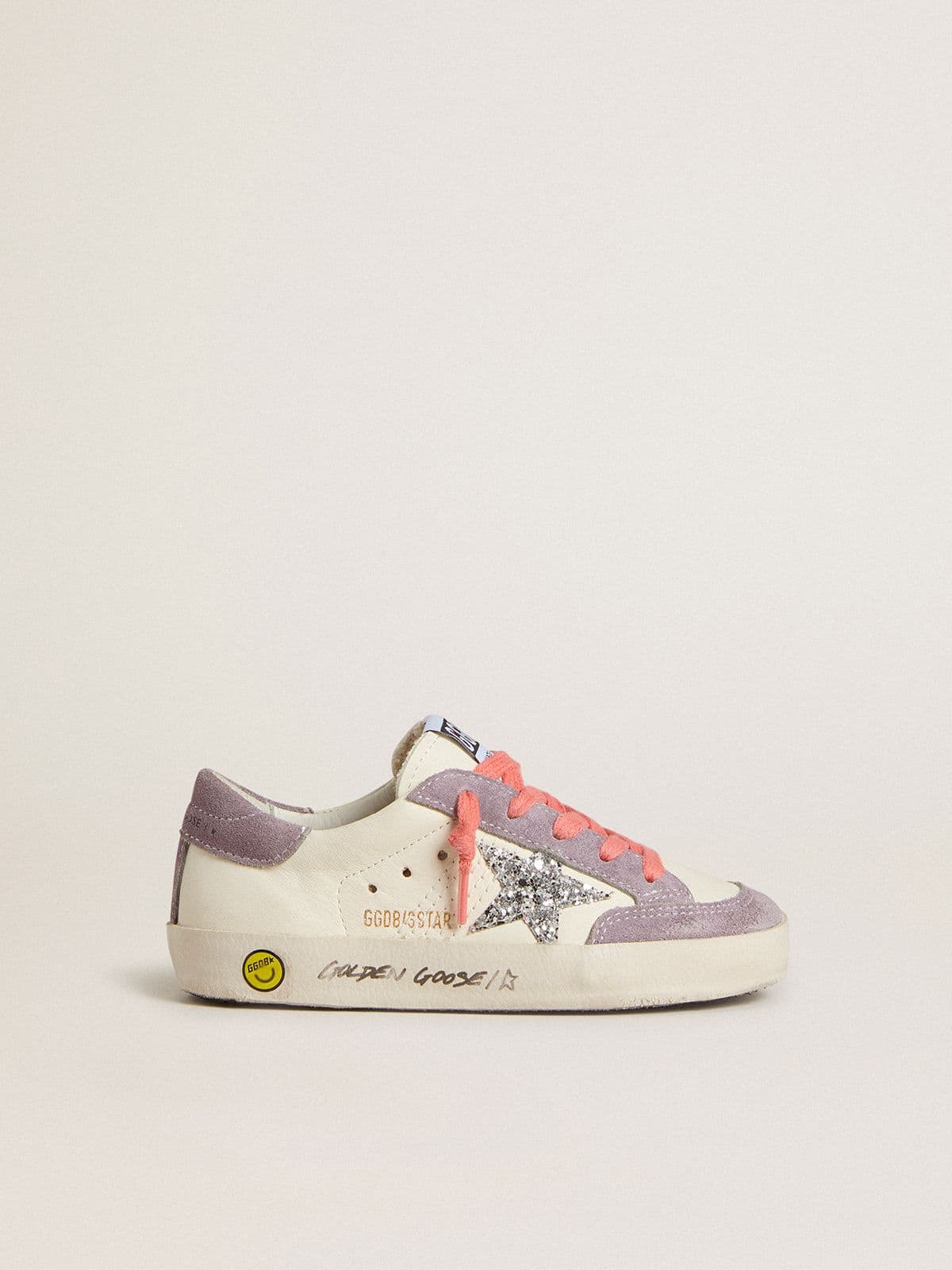 Golden Goose - Junior Super-Star with silver glitter star and lilac suede inserts in 
