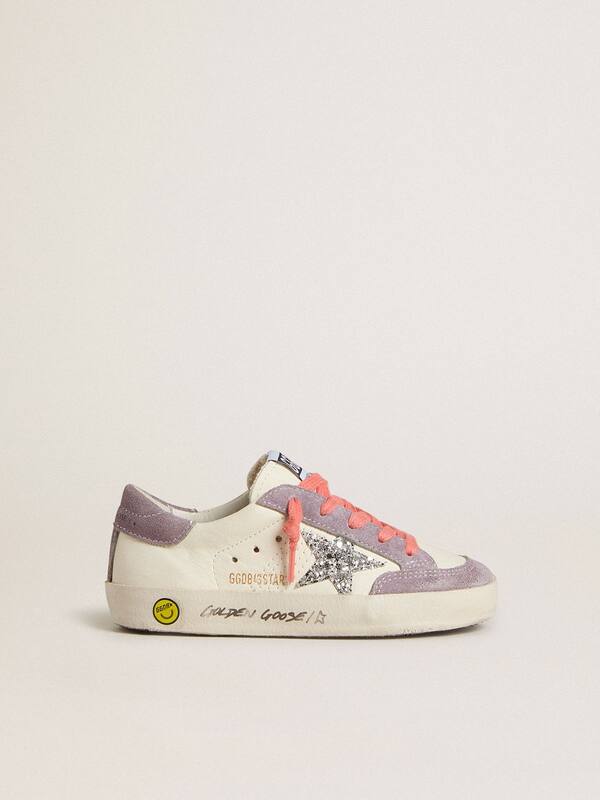 Golden Goose - Junior Super-Star with silver glitter star and lilac suede inserts in 
