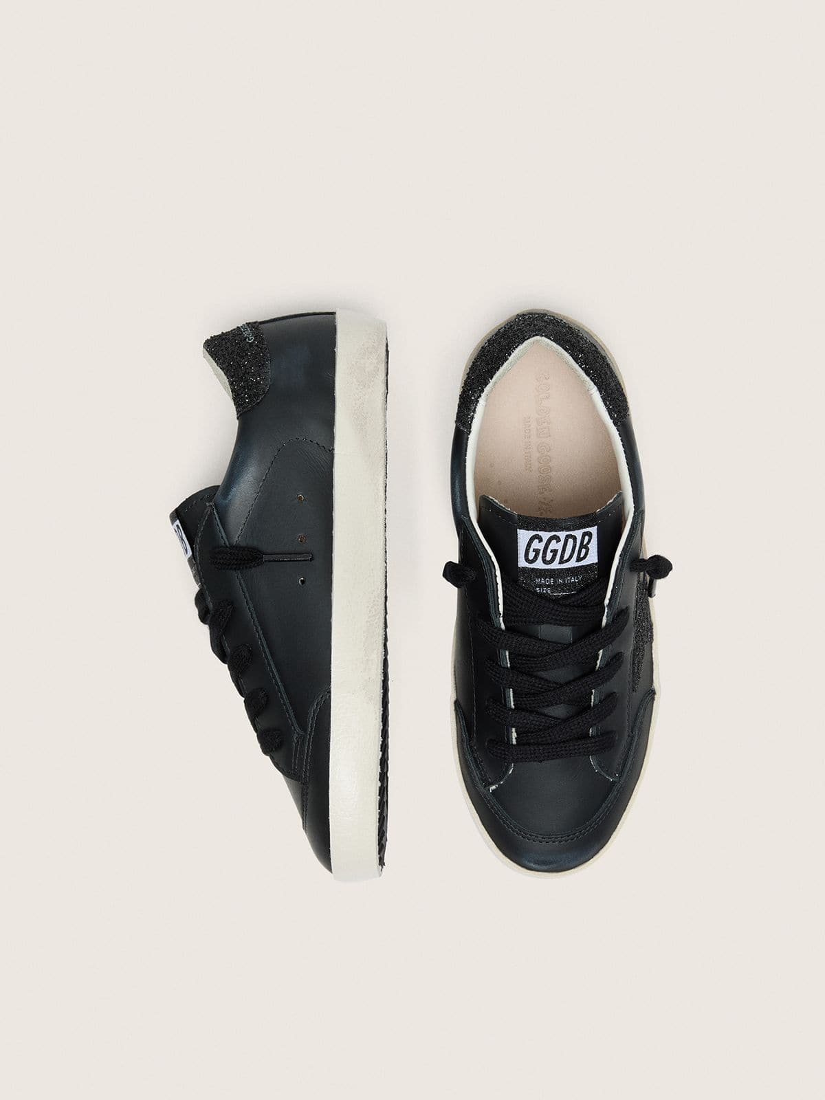 Golden Goose - Junior Super-Star in black leather with black glitter star in 