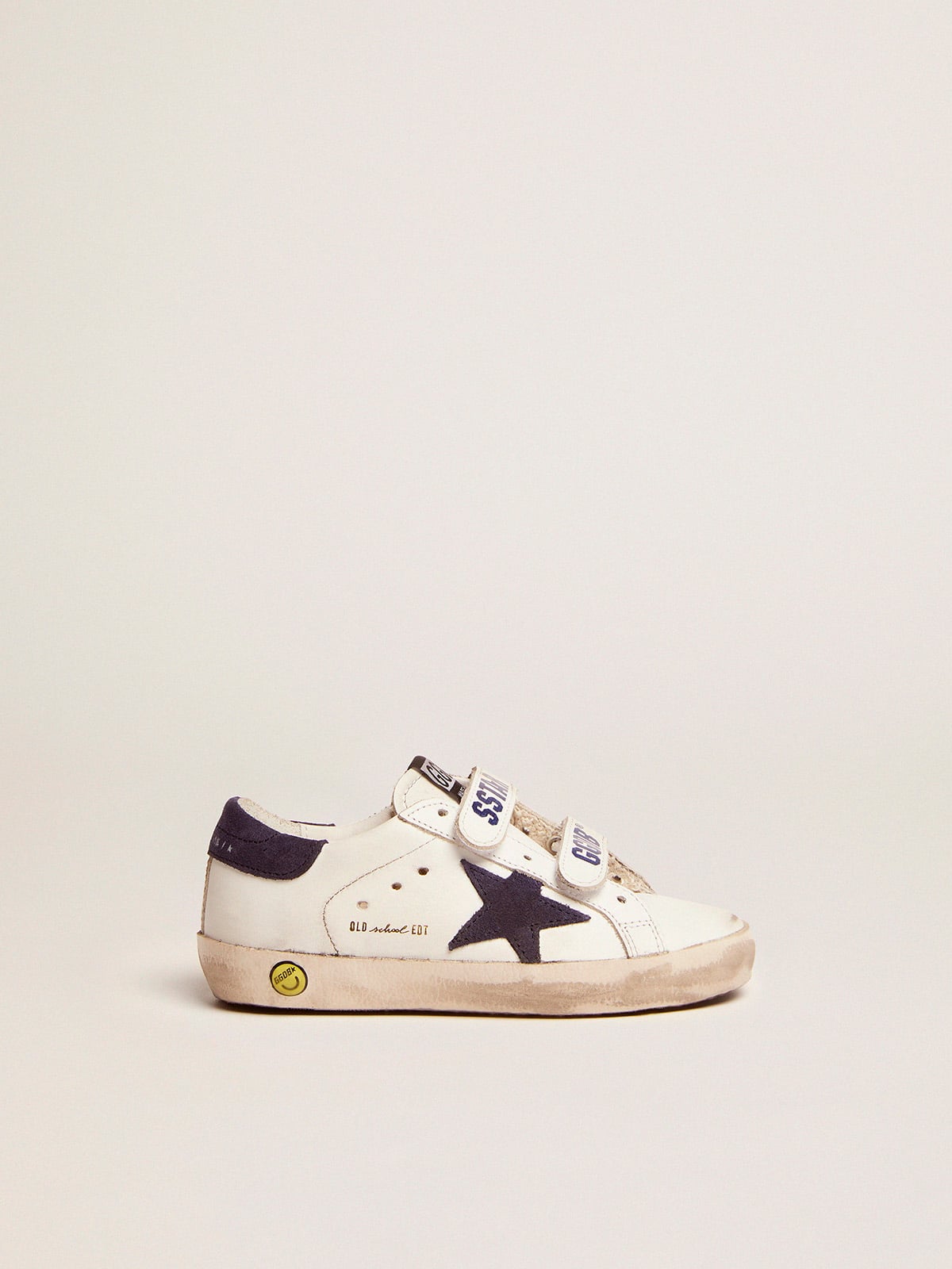 Golden Goose - Old School Junior de couro branco com estrela e talão de suede azul in 