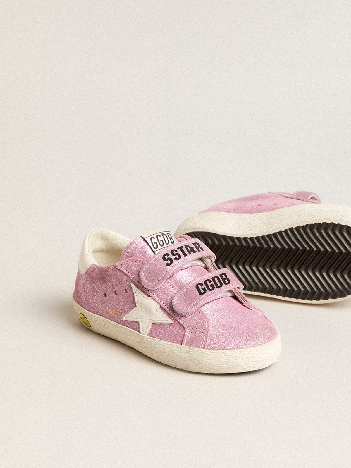 Golden Goose - Old School Junior de suede metálico rosa com estrela e talão de couro branco in 