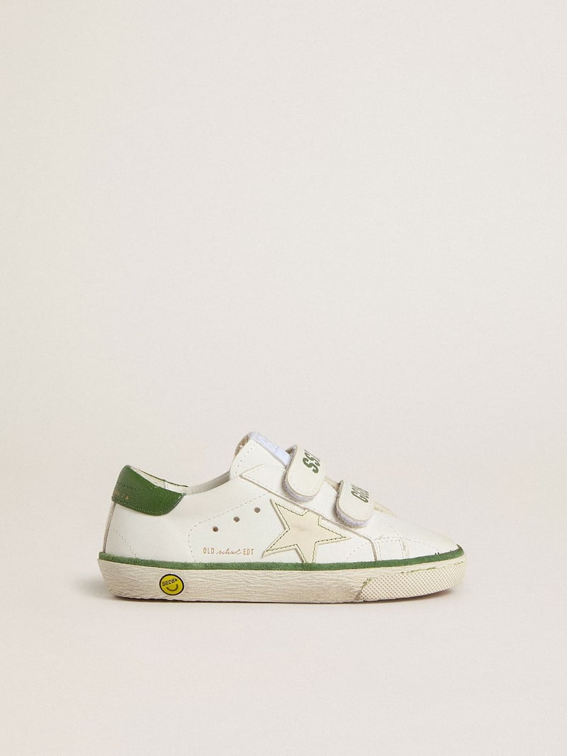 Old School Junior de couro branco com talão de napa verde e inserção verde