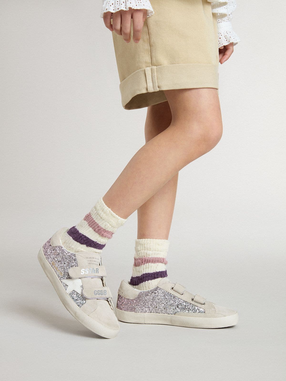 Golden Goose - Old School Junior à paillettes argentées et roses avec étoile en cuir blanc in 