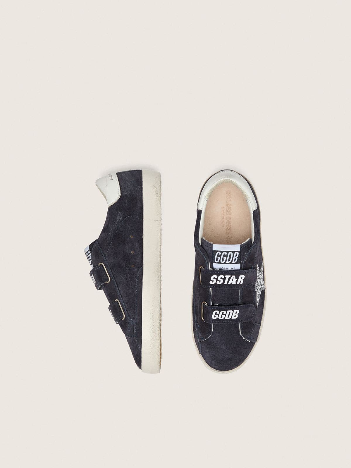 Old School Junior de ante azul con estrella con purpurina plateada y refuerzo del tal&oacute;n de piel blanca