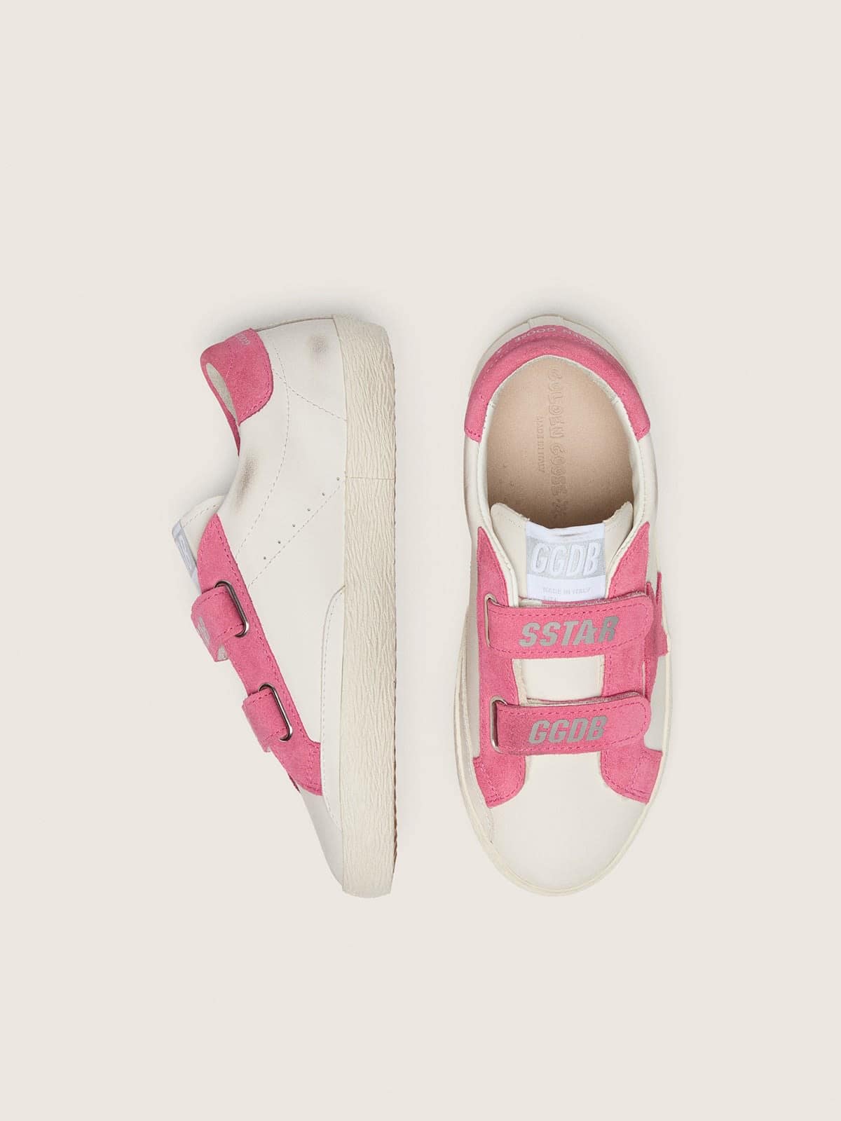 Junior Old School in cream leather with pink suede star and inserts