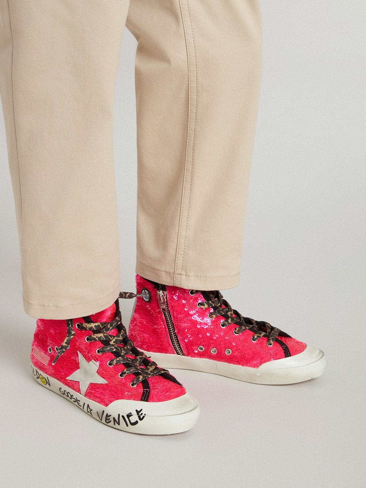 Golden Goose - Junior Francy in sequins with ice-gray suede star and animal-print laces in 