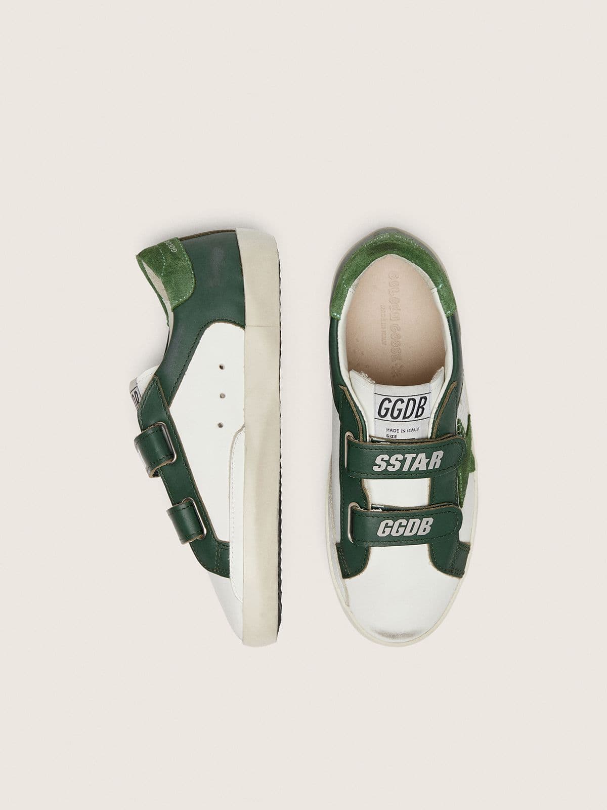 Golden Goose - Junior Old School in white leather with green suede star and green leather inserts in 