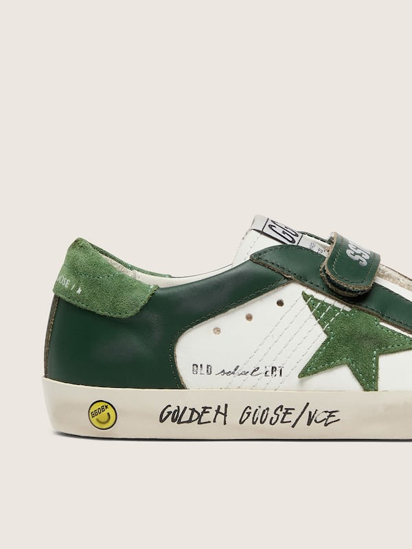 Golden Goose - Junior Old School in white leather with green suede star and green leather inserts in 