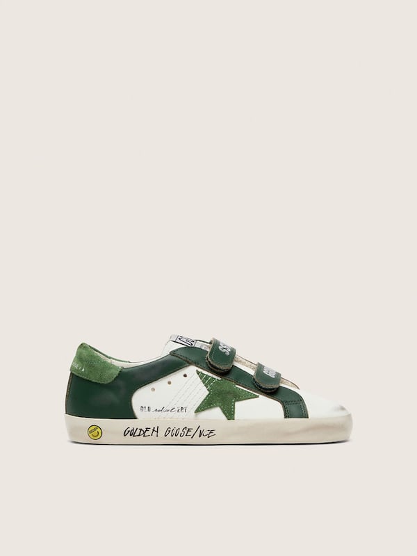 Golden Goose - Junior Old School in white leather with green suede star and green leather inserts in 