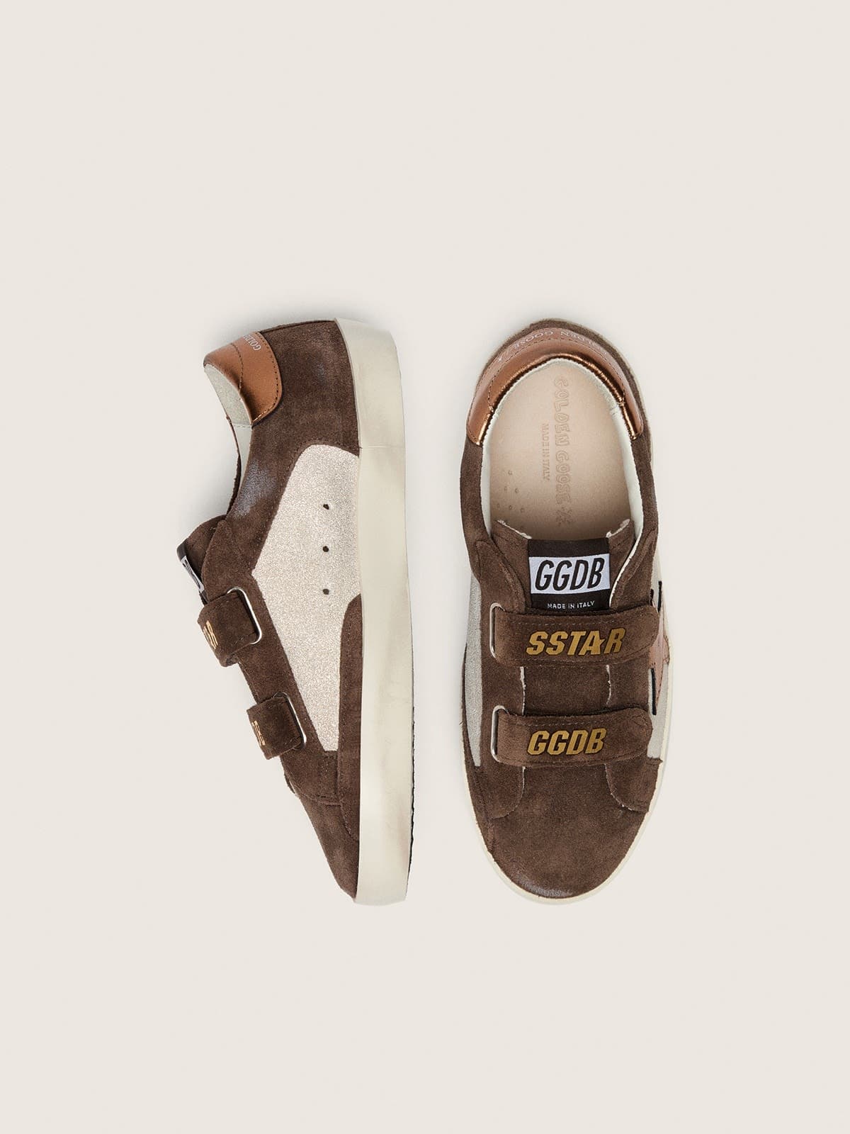 Golden Goose - Junior Old School in sand laminated leather and brown suede, with orange laminated leather star in 