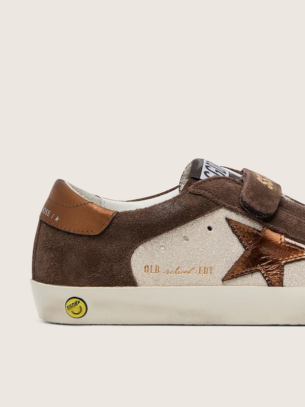 Golden Goose - Junior Old School in sand laminated leather and brown suede, with orange laminated leather star in 