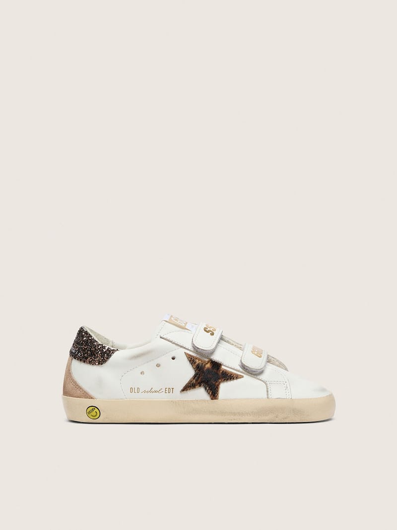 Junior Old School in white leather with leopard-print pony skin star