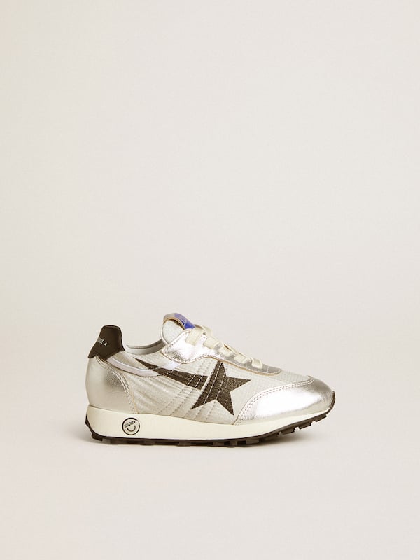 Golden Goose - Junior Marathon in silver nylon with black star and leather heel tab in 