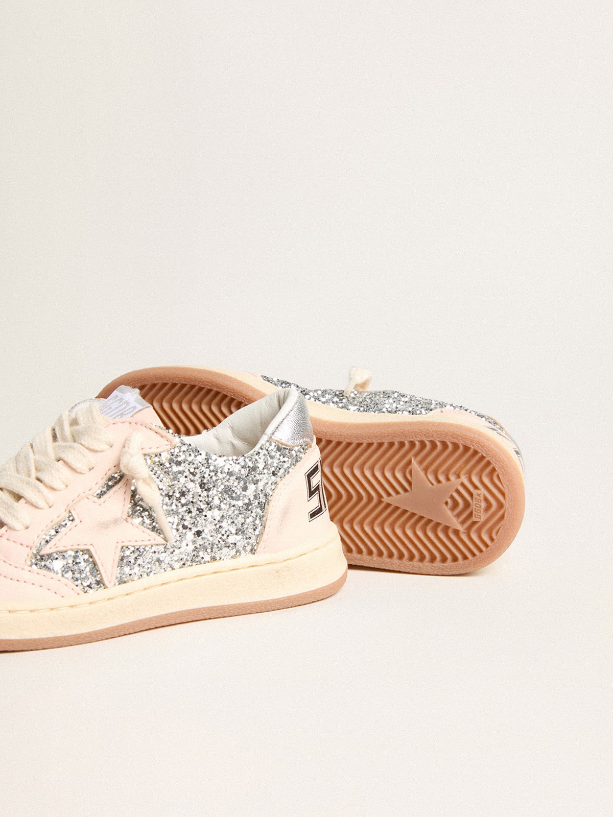 Golden Goose - Junior Ball Star in glitter with silver metallic leather heel tab in 