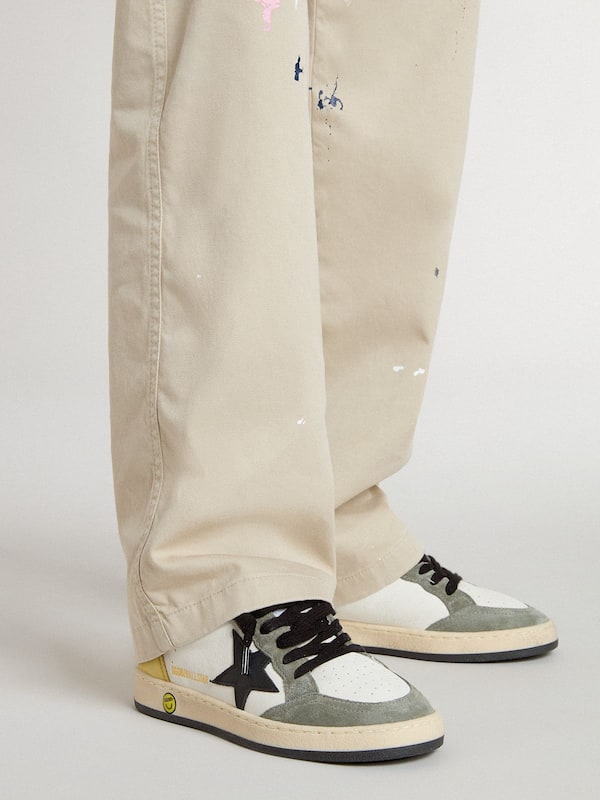 Golden Goose - Junior Ball Star in white nappa with dark green suede inserts and black star in 