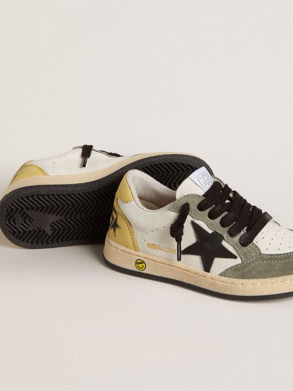 Golden Goose - Junior Ball Star in white nappa with dark green suede inserts and black star in 