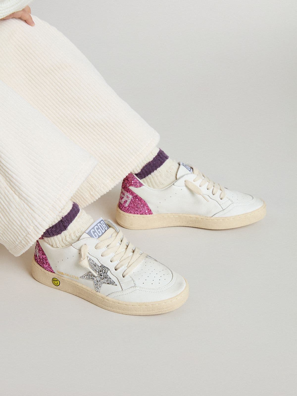 Golden Goose - Ball Star Junior con stella in glitter argento e talloncino in glitter rosa in 